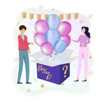 Expecting a child, boy or girl. Colorful pink and blue balls fly out of the box. vector