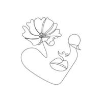 The face of a beautiful woman with a flower. In the style of line art, one continuous line. Hand drawing. For decoration, photo, print, interior vector