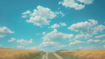 Road in wheat field and blue sky with clouds - retro vintage style photo