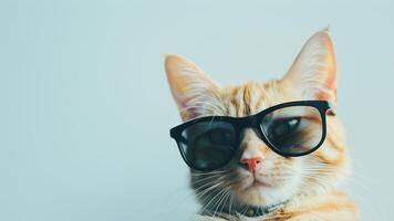 linda jengibre gato vistiendo Gafas de sol en blanco antecedentes con Copiar espacio. foto