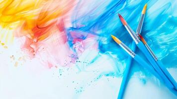 Paint brushes and colorful watercolor paint splashes on white background photo