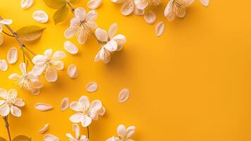 Flowers composition. Cherry blossom branches on yellow background. Flat lay, top view, copy space photo