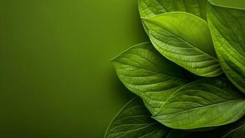 Green leaves on green background. Flat lay, top view, copy space photo