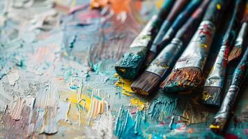 Paint brushes and palette with oil paints on a wooden table. photo