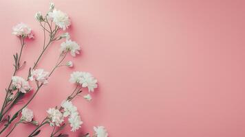 Flowers composition. White flowers on pastel pink background. Flat lay, top view, copy space photo