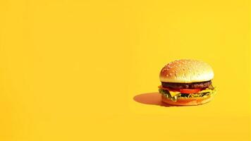 un hamburguesa es mostrado en un amarillo antecedentes foto