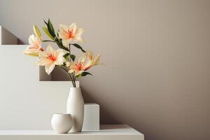 Vase with flowers near the white stairs. Minimalism in the interior. Generated by artificial intelligence photo