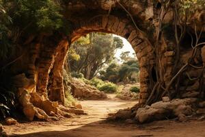 Stone arch in the middle of the dry steppe. photo