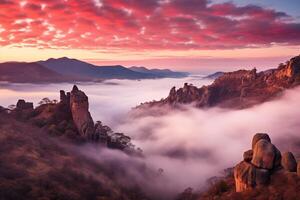 rosado puesta de sol cielo entre montañas y rocas generado por artificial inteligencia foto