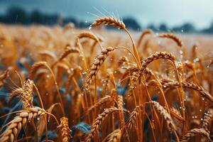 Wheat field with ripe ears in large drops of rain. Generated by artificial intelligence photo