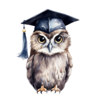 A charming owl with graduation cap, hand-painted in watercolor. png