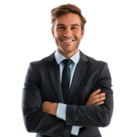 Beautiful american businessman in a suit and tie stands and looks smiling at the camera and isolated png