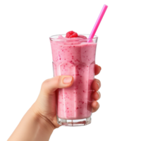 strawberry smoothie in glass hand holding on transparent background png