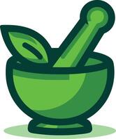 Creative Green Mortar and pestle with leaf. Pharmacy logo icon illustration. vector