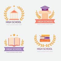 University and academy icons. Emblems or shields set for high school education graduates in maritime science, or law. Ribbons and badges of bachelor hat, laurel wreath, Logo Template vector