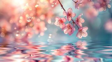 sakura ramas y agua gotas en un pacífico primavera foto