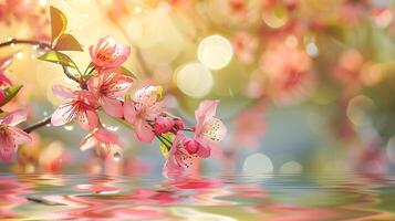 sakura ramas y agua gotas en un pacífico primavera foto