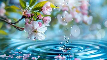 sakura ramas y agua gotas en un pacífico primavera foto