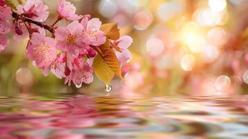 sakura ramas y agua gotas en un pacífico primavera foto