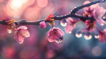 sakura ramas y agua gotas en un pacífico primavera foto