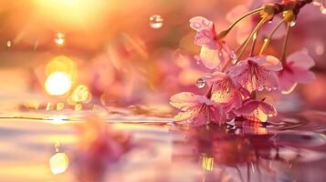 Sakura branches and water drops in a peaceful spring photo