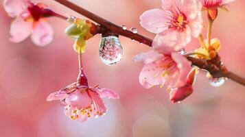 sakura ramas y agua gotas en un pacífico primavera foto