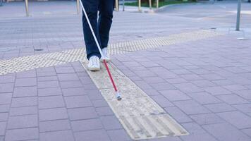 poten van Blind persoon zoeken speciaal tactiel tegels gebruik makend van riet. Blind Mens wandelen met een riet in de straat video