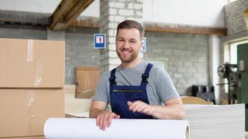 A cheerful worker with a large roll of paper in a printed warehouse depicts a game on drums video