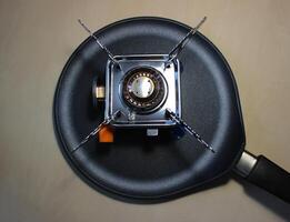 Outdoor Gas Burner On A Modern Frying Pan Top View photo