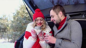 Young caucasian couple sitting in opened car, drinking tea and talking. Slow motion video