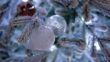 schließen oben von Bälle auf Weihnachten Baum. Bokeh Girlanden im das Hintergrund. Neu Jahr Konzept video