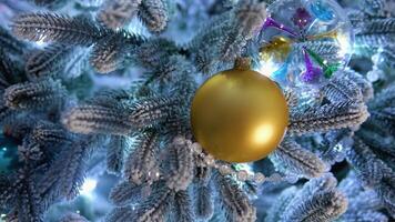 Traditional artificial Christmas tree with gold ball ornament and glowing colorful lights in background video