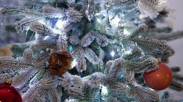 nuovo anno concetto. vicino su di Natale albero. bokeh ghirlande nel il sfondo video