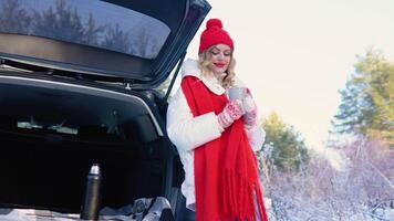 Pretty woman in warm clothes standing in the winter wood while leans on the car and holding cup of coffee. Gorgeous portrait video