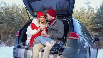 Young caucasian couple sitting in opened car, drinking tea and talking video