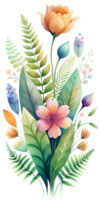 A botanical-themed greeting card with watercolor illustrations of flowers, ferns, and botanical elements png