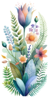 A botanical-themed greeting card with watercolor illustrations of flowers, ferns, and botanical elements png