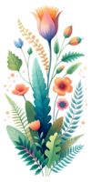 A botanical-themed greeting card with watercolor illustrations of flowers, ferns, and botanical elements png