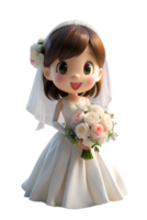 anime 3d rendre style, une content femme dans une luxueux mariage robe, elle est en portant une grand bouquet de fleurs png