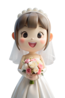 anime 3d rendre style, une content femme dans une luxueux mariage robe, elle est en portant une grand bouquet de fleurs png