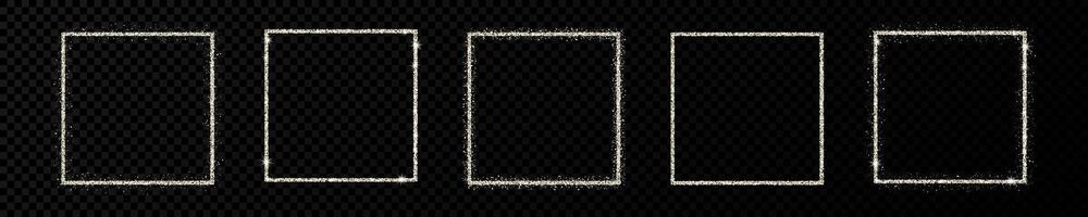 Set of five silver glitter frames. Square frame with shiny stars and sparkles on dark background. illustration vector