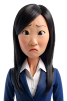3d Stil Illustration von Asien jung Frau im Büro Arbeiter Uniform, lange Haar, sie ist betont isoliert auf transparent Hintergrund png