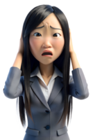 3d style illustration of asia young woman in office worker uniform, long hair, She is stressed isolated on transparent background png