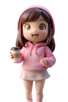 Anime style 3d cute woman wearing pink casual clothes with headphones and phone png