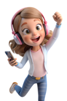 Anime style 3d cute woman wearing pink casual clothes with headphones and phone png