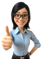 3d style illustration de Jeune Asie femme dans Bureau ouvrier uniforme dans des lunettes avec sourire, elle est les pouces en haut, isolé sur transparent Contexte png