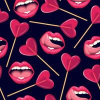 seamless pattern with glamorous lips and lollipops on dark background vector