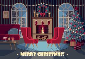 greeting card with christmas cozy interior in red and blue colors vector