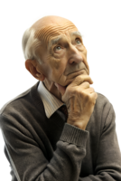 illustrazione stile 3d rendere di un' riflessivo vecchio uomo isolato su trasparente sfondo png