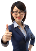 3d style illustration de Jeune Asie femme dans Bureau ouvrier uniforme dans des lunettes avec sourire, elle est les pouces en haut, isolé sur transparent Contexte png